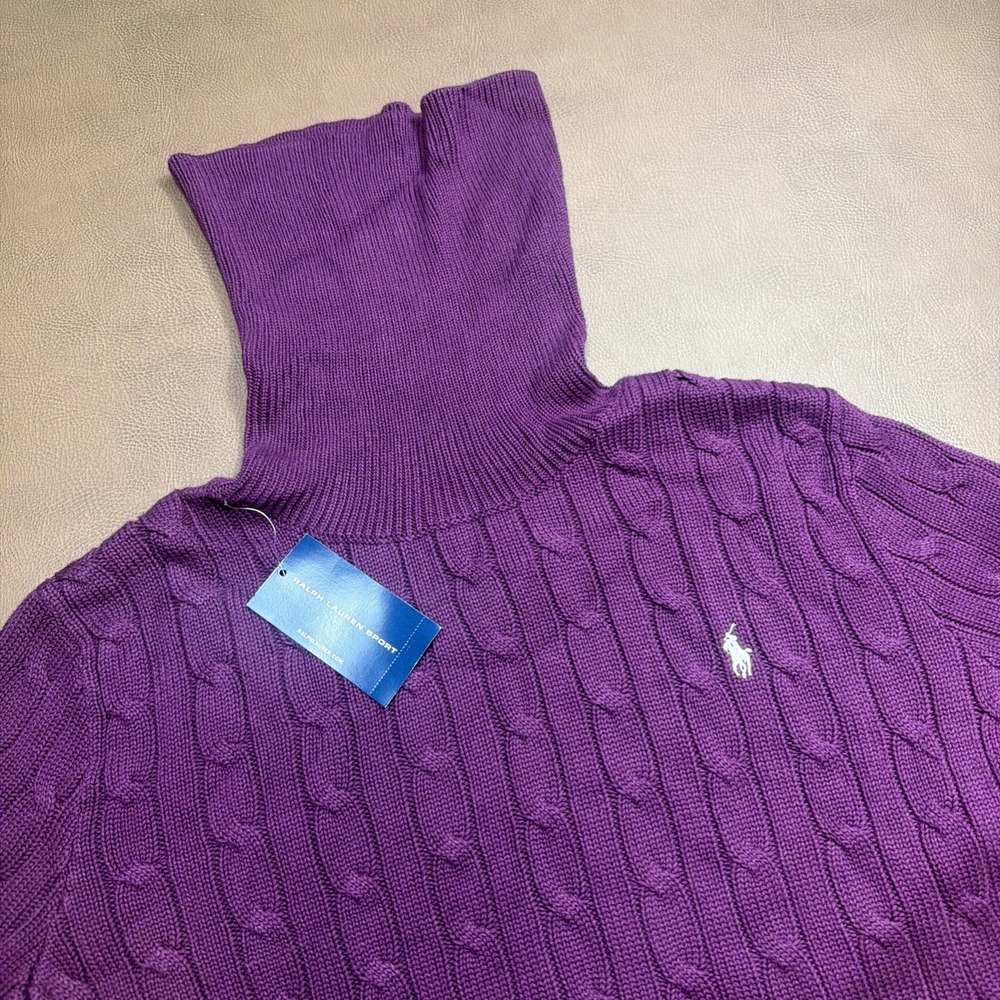 Ralph Lauren Sport Cable Knit Turtleneck Sweater Women's XL Plum Color Fisherman